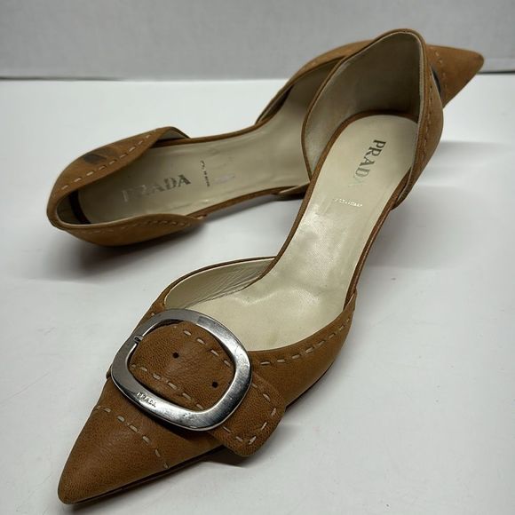 Prada Heels Low Kitten Heel Pointed Toe Buckle Suede in Light Brown Size 42 12 - Picture 10 of 16